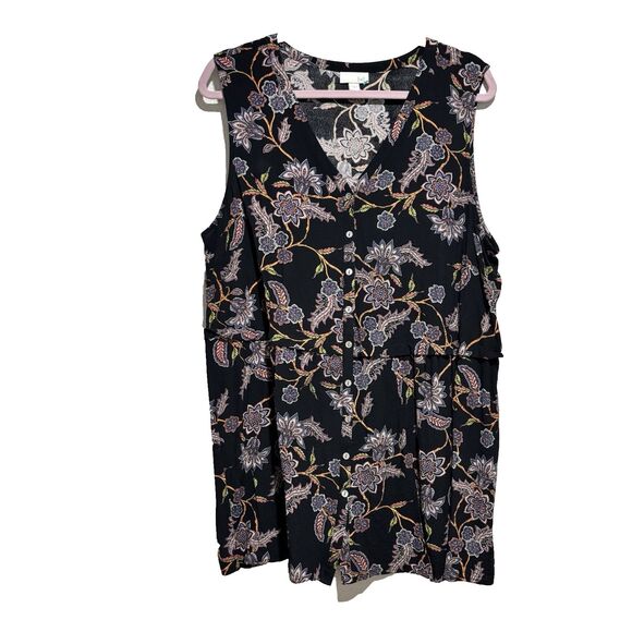 J Jill Top Womens Xlarge Black Floral Button Up Sleeveless Tunic Tiered Casual - Picture 2 of 6